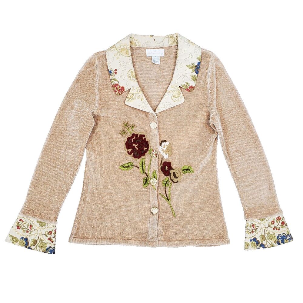 Soft Surroundings Chenille Cardigan M Floral Embroidery Cottage Grandmacore